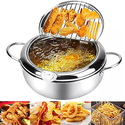 New 2.2L Stainless Steel Deep Frying Pot Cooking Tools Tempura Frying Pan Fried Chicken French Fries Pot Oil Drip Drainer Rack with Temperature Controller Thermometer