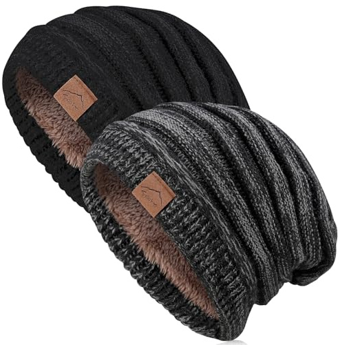 ViEinkaufen 2 Pack Mens Winter Knitted Slouch Beanie, Soft Cosy Mens Beanies HatsThermal Slouchy Caps Winter Hats for Men