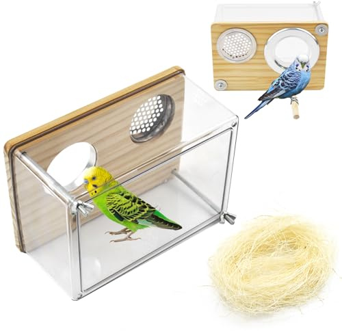MUYG Bird Nesting Box for Window,Transparent Parakeet Nest Breeding Box Parrot Breeding Mating Box Bird Nest Box House Cage Accessories with Wood Perch for Parakeet Budgie Conure Parrot
