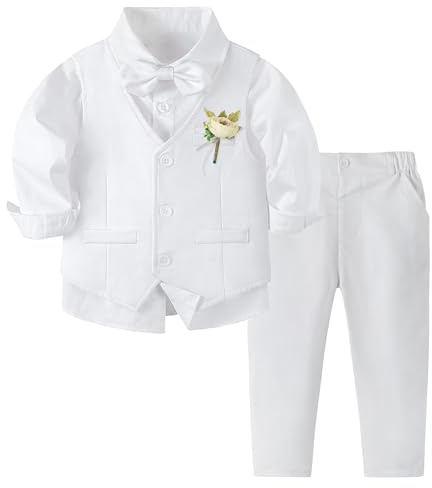Volunboy Trajes para Bebé Niños de Boda Ceremonia Fiesta, Conjunto de Chaleco, Camisa, Pajarita, Pantalón 4 Piezas(Tamaño 110,3-4 años,Blanco Puro