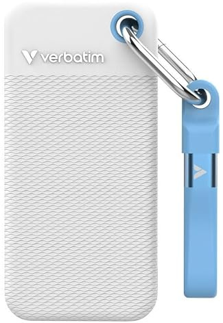 Verbatim Pocket SSD 1 TB, extern SSD USB 3.2 Gen 2, upp till 1 000 MB/s läsning och skrivning, extern hårddisk inkl. 2 gummifodral (vitt och ljusblå), för PC, Mac och konsol, vit