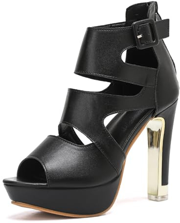 getmorebeauty Women's Chunky High Heels Sandals Hollow Out Ankle Strap Peep Toe Zip Platform Party Dress Shoes (US9, Black)