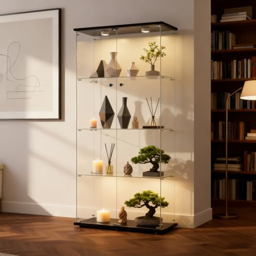 Solisburne Vetrina in vetro nero, 164,5 x 80,6 x 36,5 cm, moderna vetrina con illuminazione a LED, armadio in vetro con 4 ripiani in vetro e 2 ante per soggiorno, ufficio, oggetti da collezione
