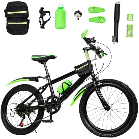 ROGONPDK Vélo pour Enfant 20 Pouces, 7 Vitesses, Vélo pour Garçons et Filles avec Gourde, Sac de Rangement, Cloche de Boussole, Capacité de Charge : 85 kg (Vert)