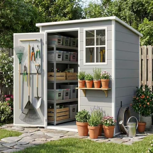 AIRAJ Caseta de jardín para exteriores, plástico, resistente a la intemperie, 138 x 110,5 x 182 cm, con suelo/ventanas/rejillas de ventilación/puerta con cerradura, cobertizo para todo el año, para
