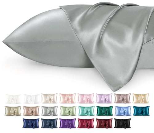 Bedsure Satin Pillowcase for Hair - Similar to Silk Pillowcase, Cooling Pillow Cases 2 Pack with Envelope Closure, Gifts for Women, Queen & Standard Size 50x75 cm, Grey