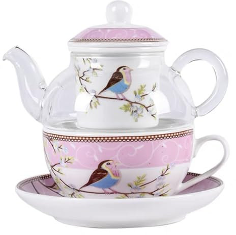 YBK Tech - Teiera in vetro con infusore in porcellana, tazza e piattino, teiera e tazza da tè per una persona (rosa)