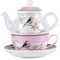 YBK Tech Glass Teapot with a Porcelain Infuser Strainer, Happy Bird Pattern Cup and Saucer Set, Teapot and Teacup for One (Pink)