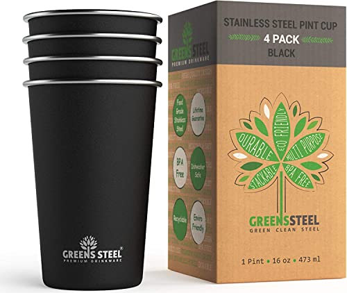 Greens Steel Vaso de Acero Inoxidable - 4 Vasos, Negro, 475 ml I Juego con Pared Simple Apilable y Reutilizable I Antiarañazos, Antideslizante, Antidecoloración y Sin BPA I para Viajes y Camping