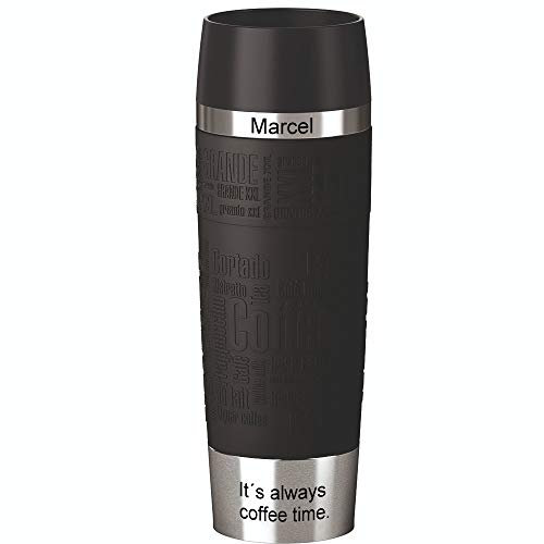 Sterngraf Emsa Isolierbecher MIT Gravur - Oben & UNTEN - (z.B. Namen) TRAVEL Mug Grande XXL 500ml Schwarz, 4h heiß/ 8h kalt, 100% dicht, auslaufsicher, Kaffee & Tee Thermo to-go-Becher