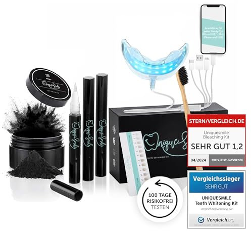 Hochwertiges Teeth whitening kit von UniqueSmile - Testsieger 2023-100 Tage risikofrei testen - All in One Bundle für Zahnaufhellung & weiße Zähne - Zahn Bleaching Set (Premium-Set)