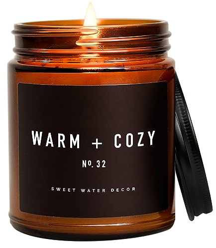 Sweet Water Decor Warm and Cozy Candle | Pine, Orange, Cinnamon, and Fir Balsam Winter Scented Soy Candles for Home | 9oz Amber Jar with Black Lid, 40 Hour Burn Time, Made in the USA