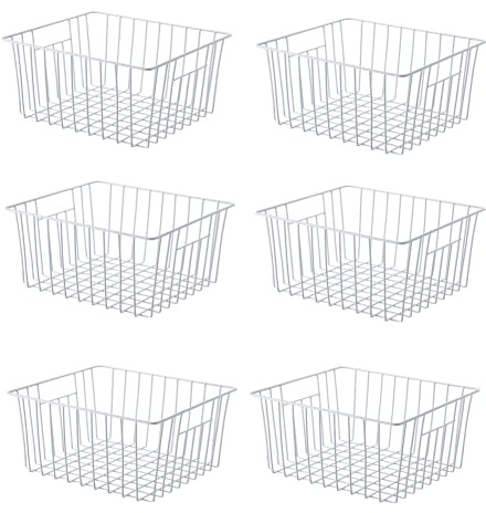 Y.Z.Bros Freezer Organizer Bin, Kitchen Metal Wire Storage Basket, Pantry Cupboard Household Container Divider with Handles, Rustproof - White