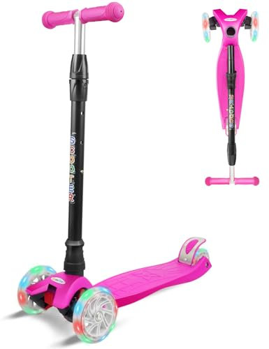 FAYDUDU Roller Kinder Scooter Kinderroller ab 2 Jahre Dreiradscooter Höhenverstellbarer mit LED-Leuchträdern Tretroller für Jungen Mädchen ab 3 bis 12 Jahren (Rosa 2)