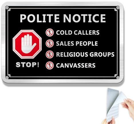 SINMAO Polite Notice No Cold Calling Sticker Metal Brushed Aluminium 15x10cm, No Sales People Sign for Front Door,No Religious Groups Sign, No Canvassers Sticker