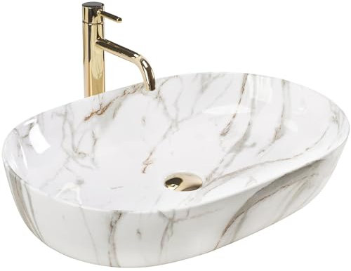 Rea Aufsatzwaschbecken CLEO 61 Shiny Aiax Waschtisch Handwaschbecken Waschschale Waschbecken für Badezimmer aus hochwertiger Keramik 41 x 60,5 x 14 cm (Steinimitation)