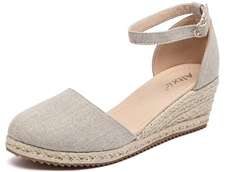Altxic Women's Closed Toe Comfortable Canvas Ankle Strap Espadrilles Wedge Sandals Light Apricot 8.5 US
