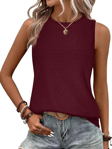 BAISHENGGT Damen Tank Tops Sommer Rundhals Ärmellos Ausgehöhlt Basic T Shirt Oberteile Wein M