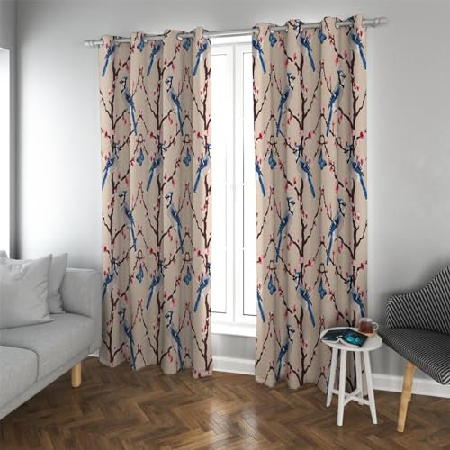 PARREN Blauer Vogel und Schmetterling Verdunkelungsvorhang Blumen und Äste Botanische Thermovorhänge Öse Wärmeisoliert 2 Paneele B140xL280cm