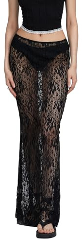 Edhomenn Faldas de encaje para mujer, de cintura alta, transparentes, de playa, entalladas, 02 negro, M