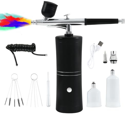 cupeohome Airbrush Kit with Compressor, Portable Rechargeable Cordless High-Pressure Air Brush Set with 0.3mm Nozzle and Cleaning Brush Set for Nail Art, Makeup, Painting, Cake Decor, Model Painting