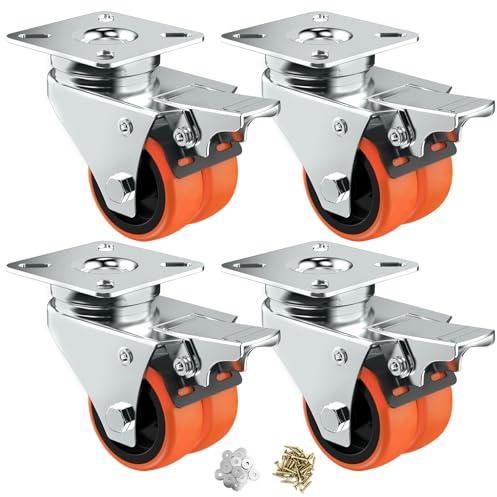 ASHGOOB Caster Wheels, 2inch Casters Set of 4 Heavy Duty, Two-Wheeled Orange TPE Casters with Brake, Double-Wheeled Swivel Plate Locking Castor Wheels Widely Used in All Kinds of Furniture.(4 Pack)