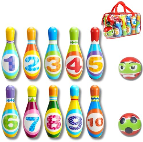 JUEGO DE BOLOS INFANTILES - Incluye Bolsa de Transporte - BLANDOS Y SEGUROS - Juguetes niños 3 años a 8 -10 Bolos de GOMAESPUMA de 19cm + 2 pelotas - Regalo para niños 3 años a 8 - Bowling- GRANDE