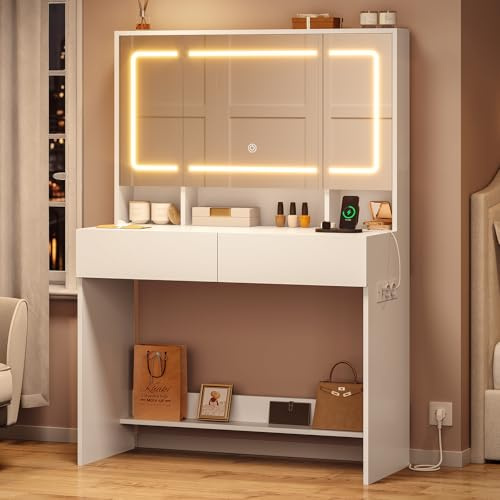 AOGLLATI Coiffeuse avec Grand Miroir Coiffeuse avec Prise et Lumières LED Réglables,Stockage caché,2 Tiroirs Commode Blanche 80 x 40 x 141 cm