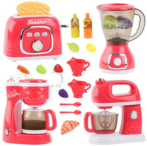 Ensemble d'appareils de cuisine pour enfants avec machine à café, mixeur, grille-pain, batteur, accessoires de cuisine pour enfants, jouets de cuisine de jeu avec aliments, avec lumière et son, jeux