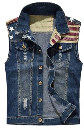 Cexiakong Gilet en denim sans manches pour homme - Décontracté - Rétro - Coupe ajustée - Grande taille - Gilet en jean déchiré pour l'extérieur, motard, rock, punk, voyage