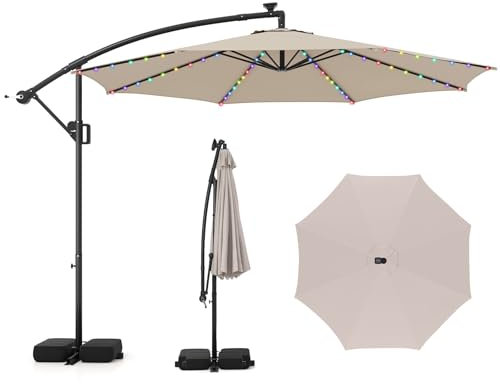 COSTWAY Parasol Déporté Professionnel 3x3 m, Grand Parasol de Jardin Extérieur 96 LED Solaire 9 Modes, avec Manivelle, 2 Sacs de Sable, Inclinable, pour Balcon, Terrasse, Piscine (Beige)