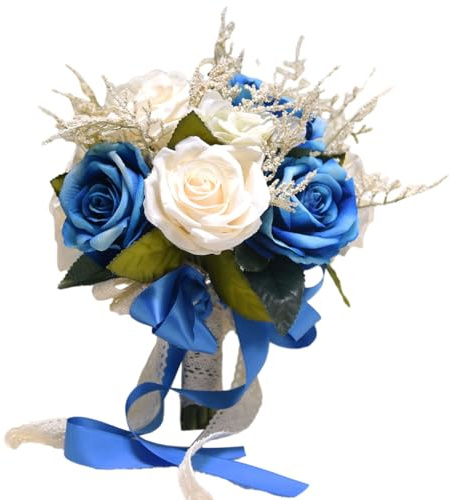 KIXZSAZ Look de Mariage avec des Fleurs à Main de différentes Couleurs, Fleurs artificielles en Tissu, Fournitures Mariage, Bouquet mariée, Bleu Blanc Laiteux