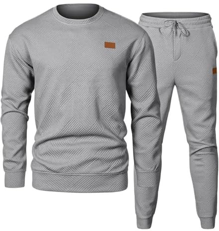 Yutdeng Survêtement 2 Pièces Pour Homme Ensemble de Jogging Tricot Jacquard Sweat sans Capuche à Manches Longues et Pantalon Taille Élastique avec Poches Décontracté Sport Gym Tenue,Gris,S