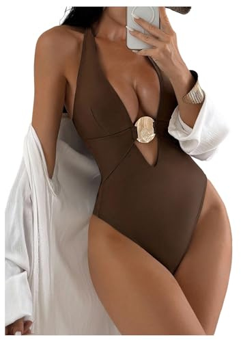 SOLY HUX Women's Deep V Neck One Piece Swimsuit Tie Backless Monokini Swimwear Bathing Suits Coffee Brown Medium