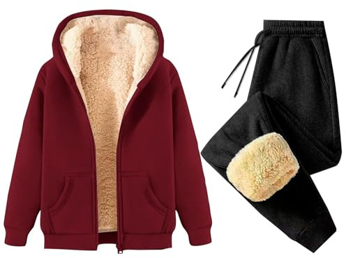 Vhersily Chándal de invierno para mujer, deportivo, de forro polar, cálido, sudadera con cremallera, capucha y pantalones de terciopelo, conjunto de 2 piezas, chándal de gimnasia de vellón forrado
