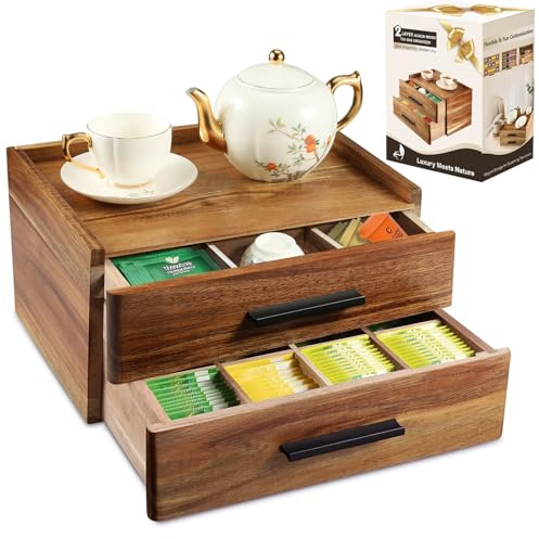 Acacia Wood Tea Bag Organizer with Gift Box, Double-Drawer Tea Box - Tea Accessories for Tea Organizer and Storage Box, Tea Station Chest Caddy for Countertop Cabinet Office(21-Compartment)