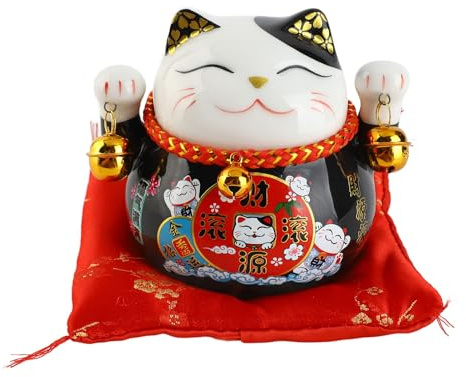 Kukyller Gato de la Fortuna de cerámica China, Figuras de Estatua de Gato de la Suerte, Banco de la Suerte, 4,5 Pulgadas, Exquisito, Lindo, trae Suerte, Buen Deseo, cerámica, decoración de (Negra)