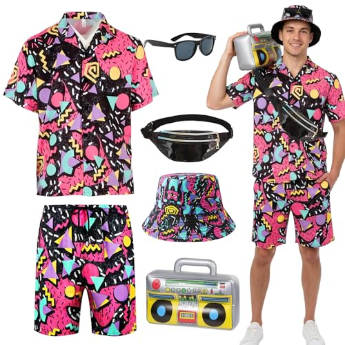 YAEGIMHT 80s 90s Fancy Dress Men, Hip Hop Shell Suit with Accessories for Adults, Retro 80s 90s Button Shirts Costume Outfits, 80s Tracksuit for Halloween Carnival Disco Party Dress Up