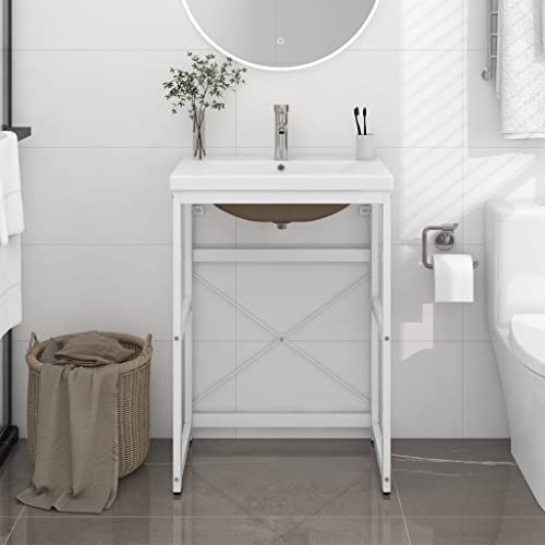 QUAHEAS White Iron Bathroom Washbasin Frame, Built-in Ceramic Basin with Overflow, Powder-Coated Wash Stand for Modern Bathroom Vanity Storage, 59x38x83 cm