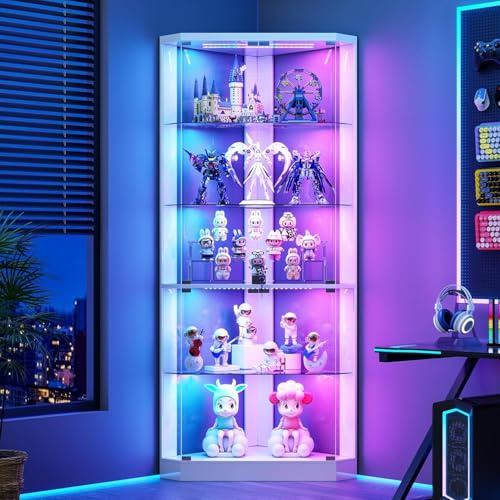 Gurexl 69 Corner RGB Glass Display Cabinets with lock for Curio,White