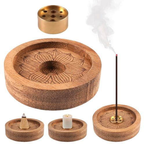 Porte Encens avec Récupérateur de Cendres de 7cm, Trous de 3/2.5/2 mm | Brûleur D'encens en Bois Lotus Portable, Support pour Baguettes en Laiton, pour Salle de Yoga, Méditation, Salon