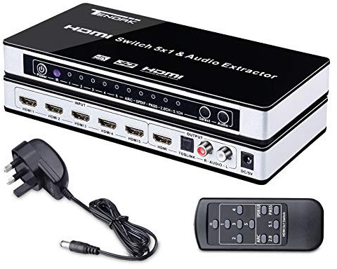 Tendak 4K HDMI Switch Switcher 5 Port HDMI Switch Box 5x1 with Optical Toslink L/R Audio Extractor with IR Remote Support ARC for PS3, PS4, Bluray Player, Virgin box, Game box and More