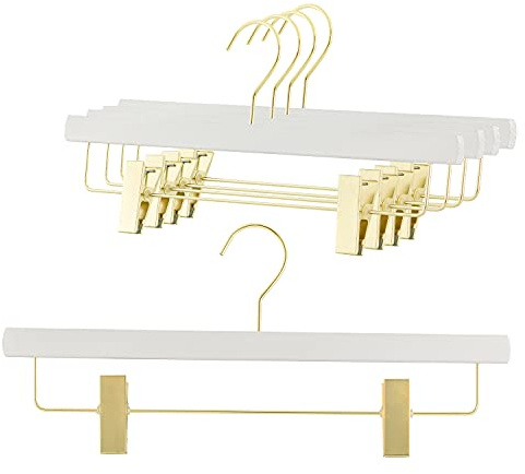 MAWA by Reston Lloyd, European Wooden Hanger, Beech Wood Hanger with Adjustable Pant Clips, Rotating Gold Hook, White Finish, for Pants, Shorts, & Skirt Clothes Hanger, Set of 5
