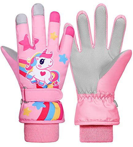 Kinder Skihandschuhe Snowboard Handschuhe Schneehandschuhe wasserdichte Und Winddichte Winter Handschuhe Anti-Rutsch Plüsch Gefüttert Warm Handschuhe für Mädchen Jungen Rosa Einhorn M(7-9 Jahre)