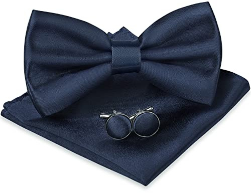 URAQT Men's Bow Tie Set, Classic Solid Color Pre-Tied Bow Tie and Pocket Square Cufflink Set for Men, Satin Tux Bowtie & Handkerchief, Adjustable Formal Neck Bowtie for Parties, Wedding (Navy Blue)