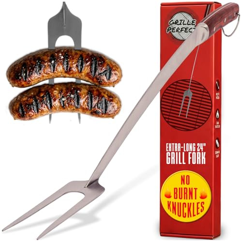 Grill Fork 24-inch Super Long for Grilling Barbecue Griddle and Fire Pit Extra Strong Curved Neck Premium Hardwood Handle Large Stainless Steel Tines for BBQ Outdoor Kitchen and Grilled Food