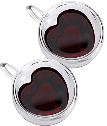 CNGLASS doppelwandige herzförmige Glas-Kaffeebecher Set 2x150ml, isolierte klare Teetassen mit Griff, einzigartige Espressobecher aus Glas für Kaffee, Cappuccino, Latte, Milch