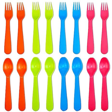 Jawbush 16 Pcs Kids Plastic Utensils, Reusable Toddler Feeding Utensils with 8 Forks and 8 Spoons, Colorful Kids Silverware Cutlery Set for School Lunch Box, BPA Free Dishwasher Safe