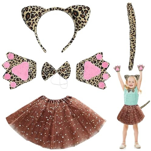 GAROMIA leopardkostym barn leopardöron pannband tutu kjol fluga djurtassar handskar svans leopard cosplay set för flickor barn karneval kostymer fest halloween