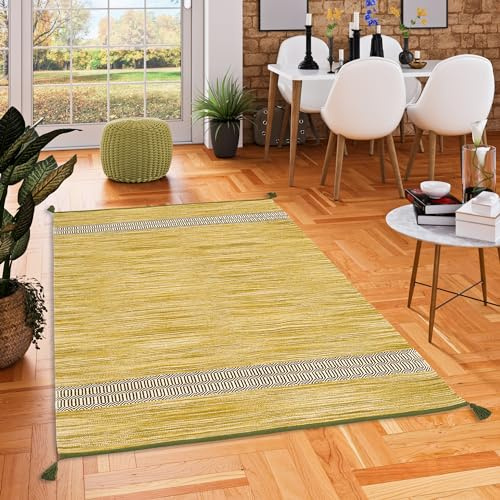 Pergamon Alfombra Natural de algodón Kilim Toskana Azul | Alfombra Natural Tejida a Mano de fácil Cuidado para Cocina Pasillo salón